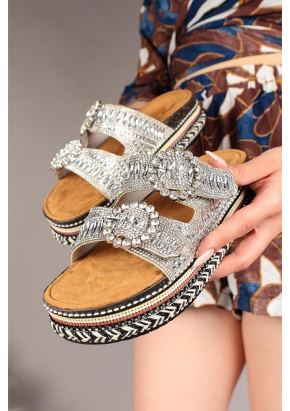 Elit BTBSJ02 Kadın Taşlı Düz Terlik Gümüş