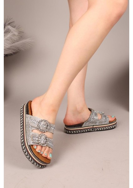 Elit BTBSJ02 Kadın Taşlı Düz Terlik Gümüş fiyatları