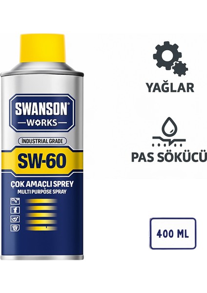 Swanson Sw-60 400 ml Çok Amaçlı Endüstriyel Yağlayıcı Sprey – Pas Sökücü & Nem Giderici | 1'li
