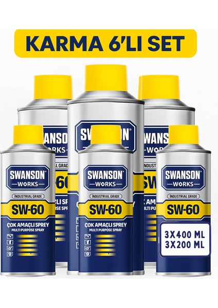 Swanson Sw-60 3×200 ml + 3×400 ml Karma 6'lı Set – Çok Amaçlı Yağlayıcı ve Pas Temizleyici Paket