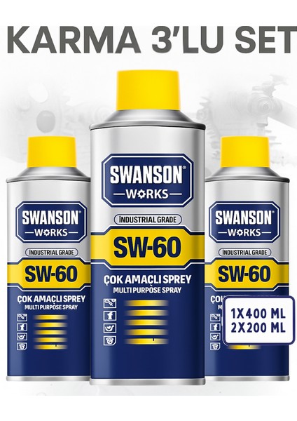 Swanson Sw-60 1×400 ml + 2×200 ml Karma 3'lü Set – Kapı, Menteşe, Zincir Yağlama ve Temizlik Spreyi