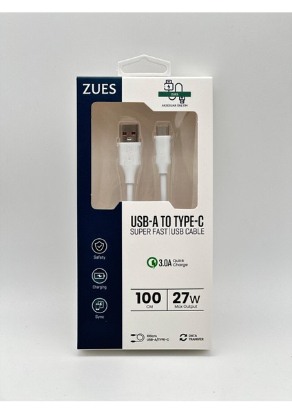 Usb-A To Type-C Hızlı Sarjve Data Kablosu 100CM 3A 27W