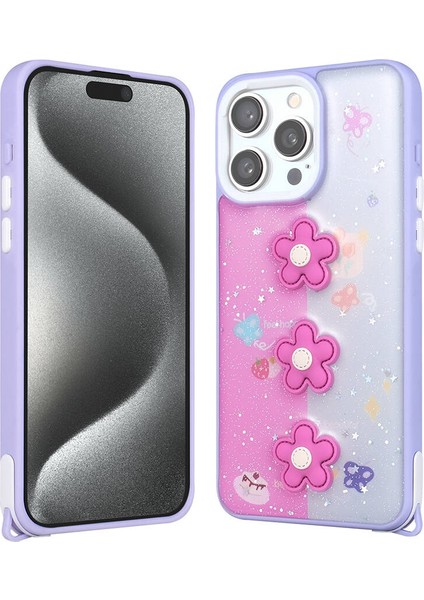 Apple iPhone 15 Pro Max Kılıf Parlayan Sıvılı Simli Kabartma Figürlü Iktk Cevze Kapak-Mor Papatya
