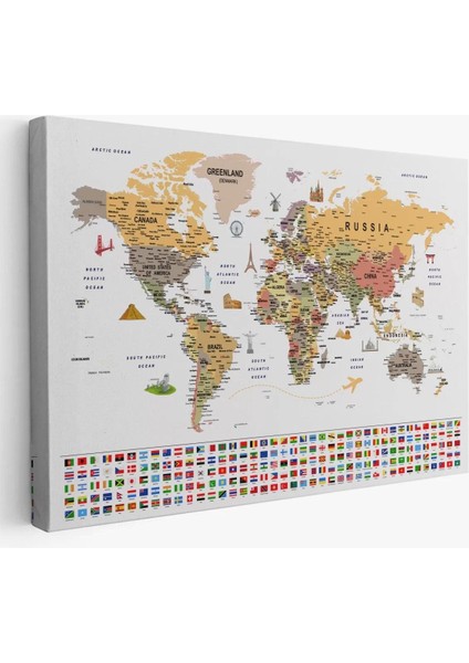 Dünya Haritası Ayrıntılı Eğitici Sembollü Bayraklı Dekoratif Kanvas Tablo 2853