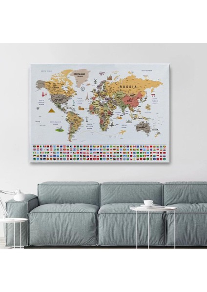 Dünya Haritası Ayrıntılı Eğitici Sembollü Bayraklı Dekoratif Kanvas Tablo 2853 fiyatları