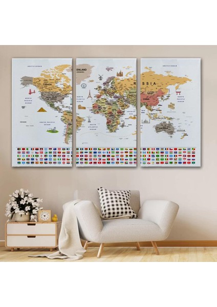 Dünya Haritası Ayrıntılı Eğitici Sembollü Bayraklı Dekoratif Kanvas Tablo 2853 modelleri