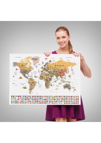 Dünya Haritası Ayrıntılı Eğitici Sembollü Bayraklı Dekoratif Kanvas Tablo 2853 fırsatları