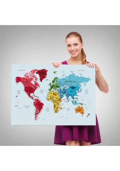 Detaylı Dünya Haritası Dekoratif Renkli Zeminli Kanvas Tablo 1700 fırsatları