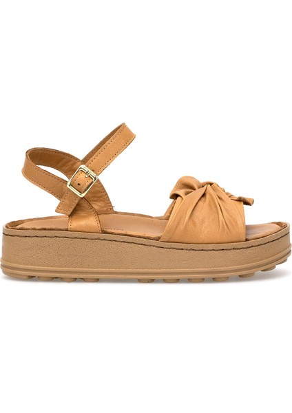 D25YS-2595 Kadın Hakiki Deri Düz Sandalet Taba