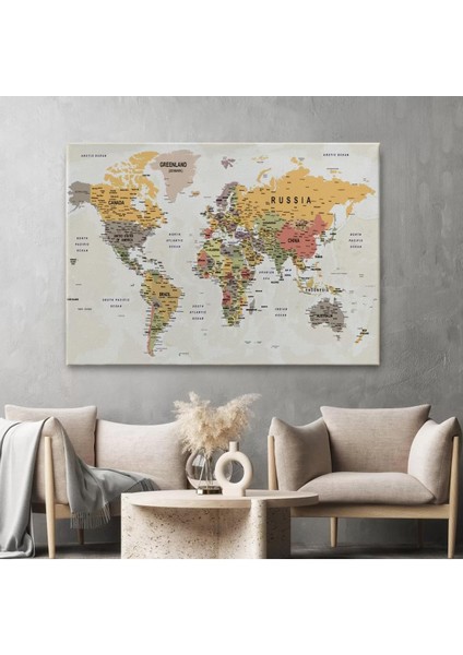 Dünya Haritası Son Derece Ayrıntılı Eğitici Okyanuslu Dekoratif Kanvas Tablo 2525 fiyatları