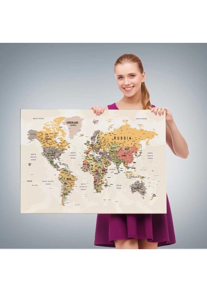 Dünya Haritası Son Derece Ayrıntılı Eğitici Okyanuslu Dekoratif Kanvas Tablo 2525 fırsatları