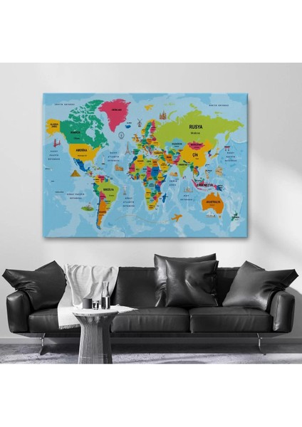 Türkçe Dünya Haritası Sembollü ve Okyanuslu Dekoratif Kanvas Tablo 2472 fiyatları