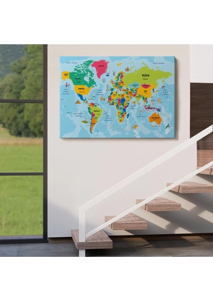 Türkçe Dünya Haritası Sembollü ve Okyanuslu Dekoratif Kanvas Tablo 2472 indirimleri