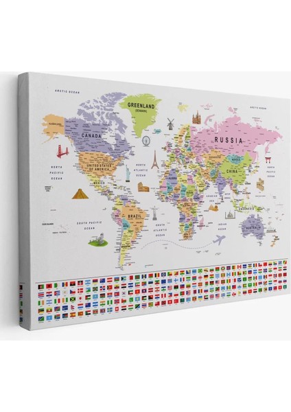 Dünya Haritası Ayrıntılı Eğitici Sembollü Bayraklı Dekoratif Kanvas Tablo 2845