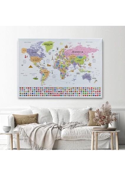 Dünya Haritası Ayrıntılı Eğitici Sembollü Bayraklı Dekoratif Kanvas Tablo 2845 fiyatları