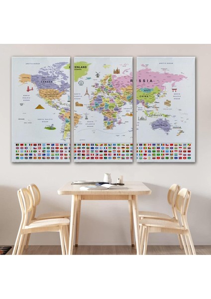 Dünya Haritası Ayrıntılı Eğitici Sembollü Bayraklı Dekoratif Kanvas Tablo 2845 modelleri