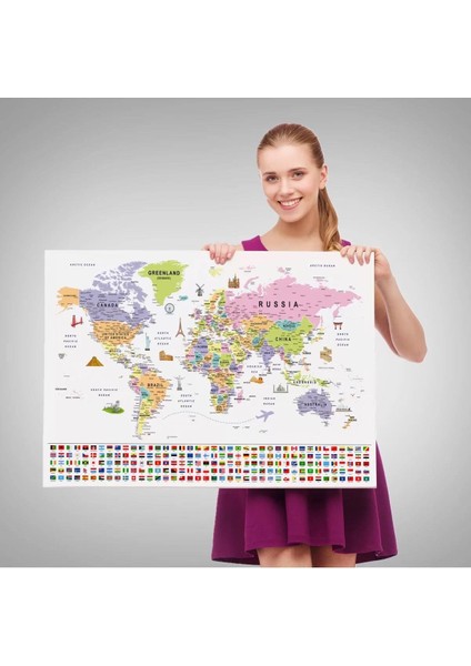 Dünya Haritası Ayrıntılı Eğitici Sembollü Bayraklı Dekoratif Kanvas Tablo 2845 fırsatları