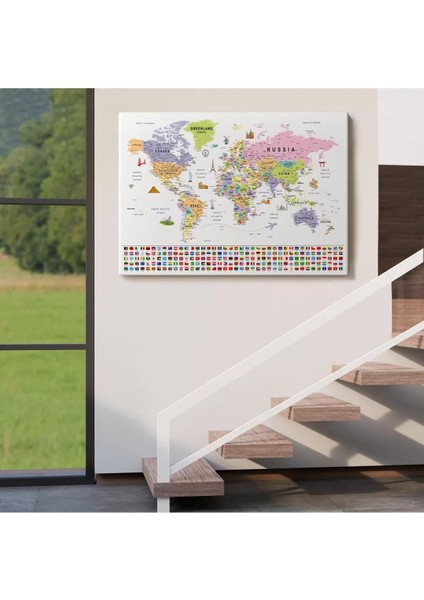 Dünya Haritası Ayrıntılı Eğitici Sembollü Bayraklı Dekoratif Kanvas Tablo 2845 indirimleri