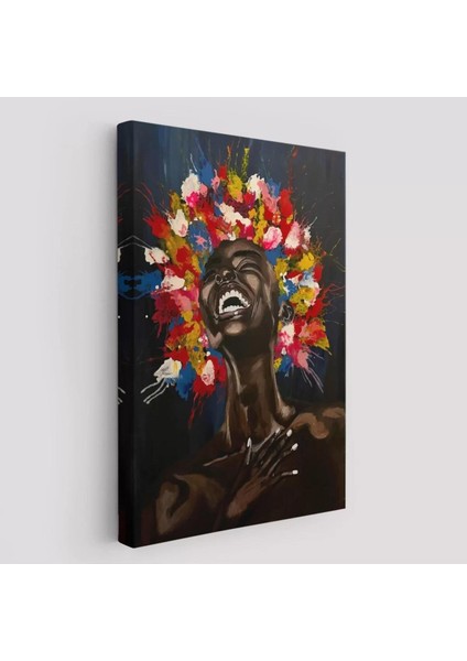 Yağlıboya Görünümlü Renkli Saçlı Gülen Siyahi Kadın TABLOSU-6367