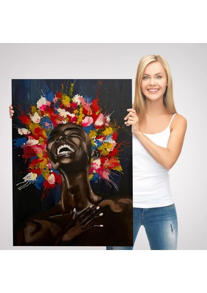 Yağlıboya Görünümlü Renkli Saçlı Gülen Siyahi Kadın TABLOSU-6367 modelleri