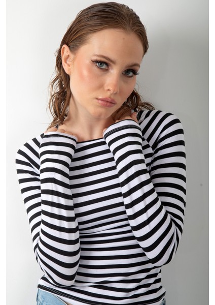Çizgili Siyah Beyaz Uzun Kol Body Soft Touch Basic Bluz Likralı Tişört