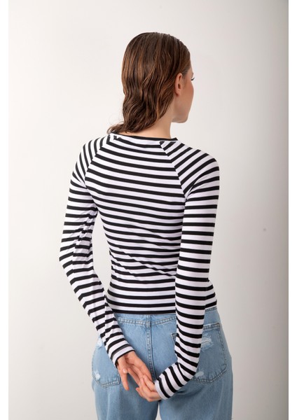 Çizgili Siyah Beyaz Uzun Kol Body Soft Touch Basic Bluz Likralı Tişört fiyatları