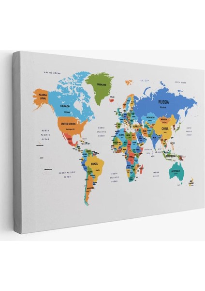 Dünya Haritası Dekoratif Kanvas Tablo Ülke ve Başkentli 1561