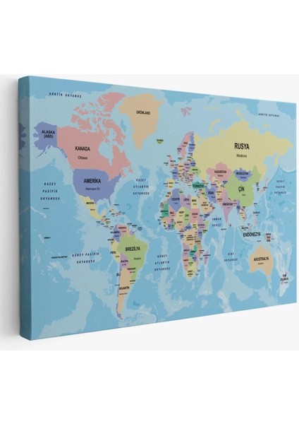 Türkçe Dünya Haritası Ülke Başkentli ve Okyanuslu Dekoratif Kanvas Tablo 2232