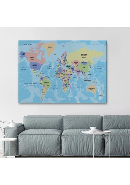 Türkçe Dünya Haritası Ülke Başkentli ve Okyanuslu Dekoratif Kanvas Tablo 2232 fiyatları