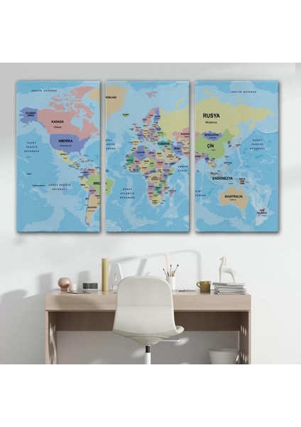 Türkçe Dünya Haritası Ülke Başkentli ve Okyanuslu Dekoratif Kanvas Tablo 2232 modelleri