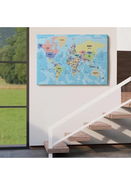 Türkçe Dünya Haritası Ülke Başkentli ve Okyanuslu Dekoratif Kanvas Tablo 2232 indirimleri