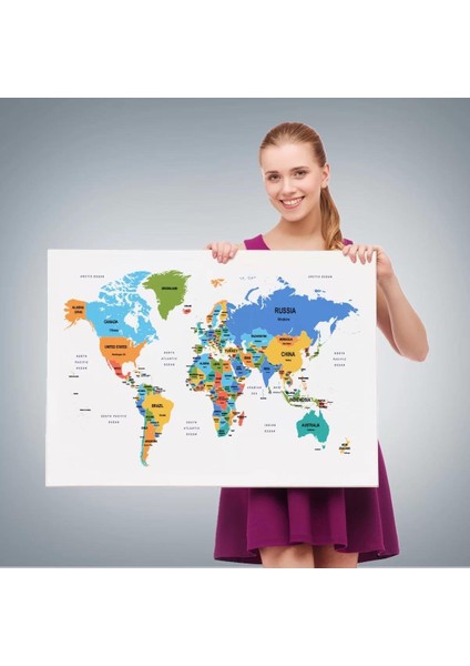 Dünya Haritası Dekoratif Kanvas Tablo Ülke ve Başkentli 1561 fırsatları