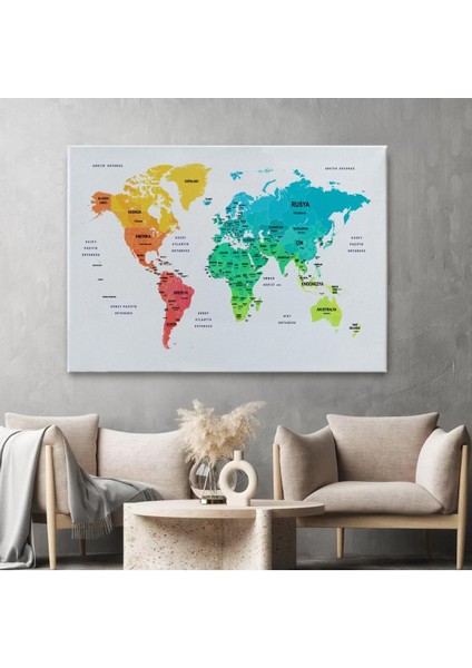 Türkçe Dünya Haritası Dekoratif Kanvas Tablo Ülke ve Başkentli 1562 fiyatları