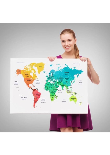 Türkçe Dünya Haritası Dekoratif Kanvas Tablo Ülke ve Başkentli 1562 fırsatları