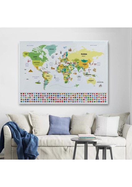 Dünya Haritası Ülke Bayraklı ve Başkentli Kanvas Tablo 1915 fiyatları