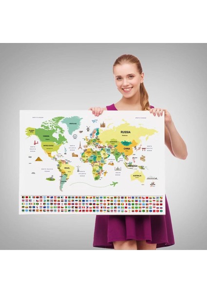 Dünya Haritası Ülke Bayraklı ve Başkentli Kanvas Tablo 1915 fırsatları