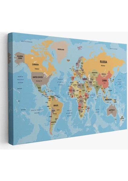 Dünya Haritası Ülke Başkentli Okyanuslu ve Dekoratif Kanvas Tablo 2229
