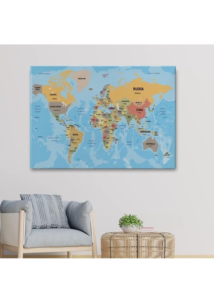 Dünya Haritası Ülke Başkentli Okyanuslu ve Dekoratif Kanvas Tablo 2229 fiyatları