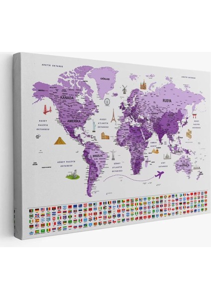 Türkçe Dünya Haritası Ayrıntılı Eğitici Sembollü Bayraklı Kanvas Tablo 2818