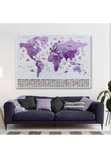 Türkçe Dünya Haritası Ayrıntılı Eğitici Sembollü Bayraklı Kanvas Tablo 2818 fiyatları