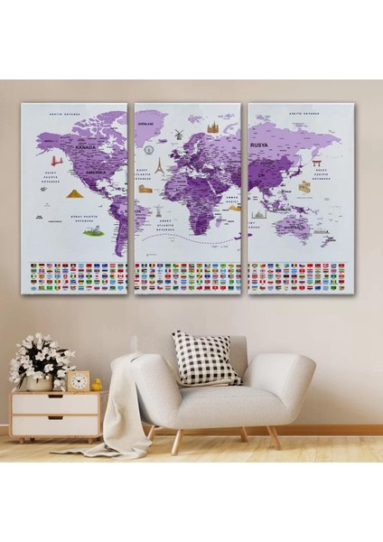 Türkçe Dünya Haritası Ayrıntılı Eğitici Sembollü Bayraklı Kanvas Tablo 2818 modelleri