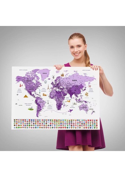 Türkçe Dünya Haritası Ayrıntılı Eğitici Sembollü Bayraklı Kanvas Tablo 2818 fırsatları