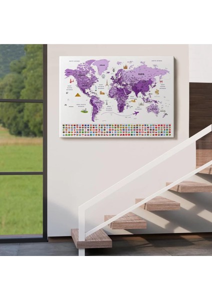 Türkçe Dünya Haritası Ayrıntılı Eğitici Sembollü Bayraklı Kanvas Tablo 2818 indirimleri