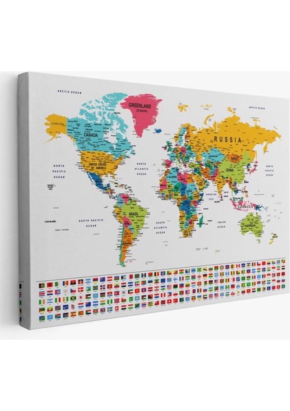 Dünya Haritası Son Derece Ayrıntılı Eğitici ve Bayraklı Dekoratif Kanvas Tablo 2796