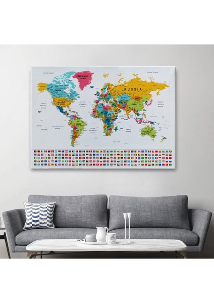 Dünya Haritası Son Derece Ayrıntılı Eğitici ve Bayraklı Dekoratif Kanvas Tablo 2796 fiyatları