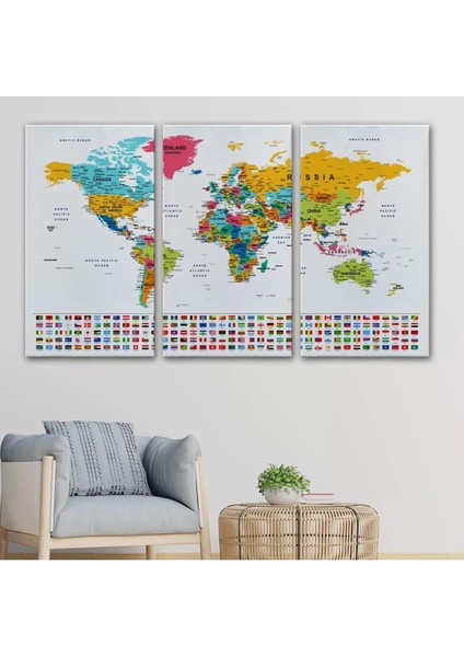 Dünya Haritası Son Derece Ayrıntılı Eğitici ve Bayraklı Dekoratif Kanvas Tablo 2796 modelleri