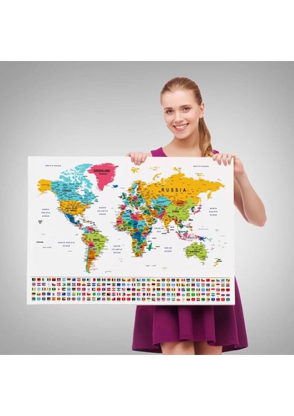 Dünya Haritası Son Derece Ayrıntılı Eğitici ve Bayraklı Dekoratif Kanvas Tablo 2796 fırsatları