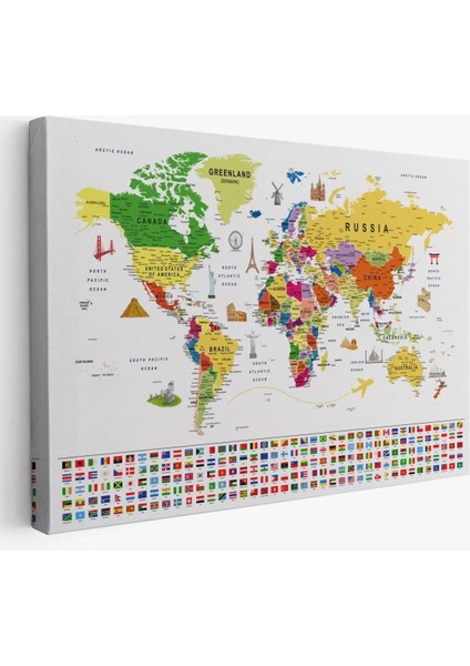 Dünya Haritası Ayrıntılı Eğitici Sembollü Bayraklı Dekoratif Kanvas Tablo 2839