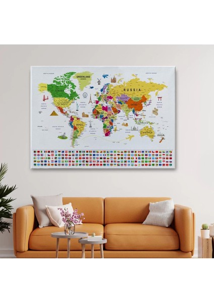 Dünya Haritası Ayrıntılı Eğitici Sembollü Bayraklı Dekoratif Kanvas Tablo 2839 fiyatları