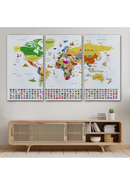 Dünya Haritası Ayrıntılı Eğitici Sembollü Bayraklı Dekoratif Kanvas Tablo 2839 modelleri